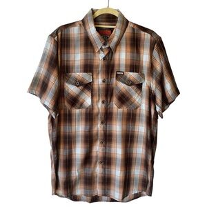 Dixxon Pismo button up shirt M Brown plaid Bamboo blend Short sleeve Pockets Men